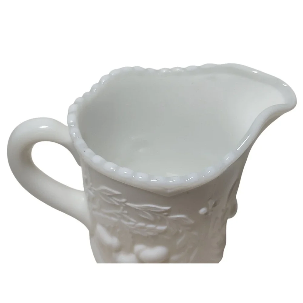 Vintage LG Wright Creamer White Milk‎ Glass Cherries Pattern Glass Pitcher Vase